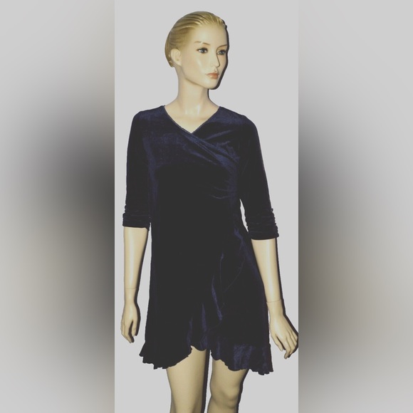 HYPE NEW BIG GIRLS SZ 12 NAVY BLUE V NECK VELVET RUCHED RUFFLES FANCY DRESS - Picture 1 of 6